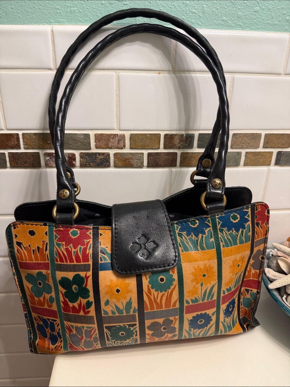 Patricia Nash Multicolor Floral Patchwork Shoulder Bag with Black Trim